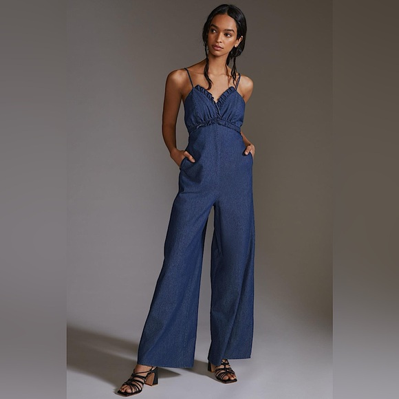 Anthropologie Pants - Anthropologie LaBiz Ruffled Denim Wide Leg Jumpsuit with Pockets, M, L, NWT✨